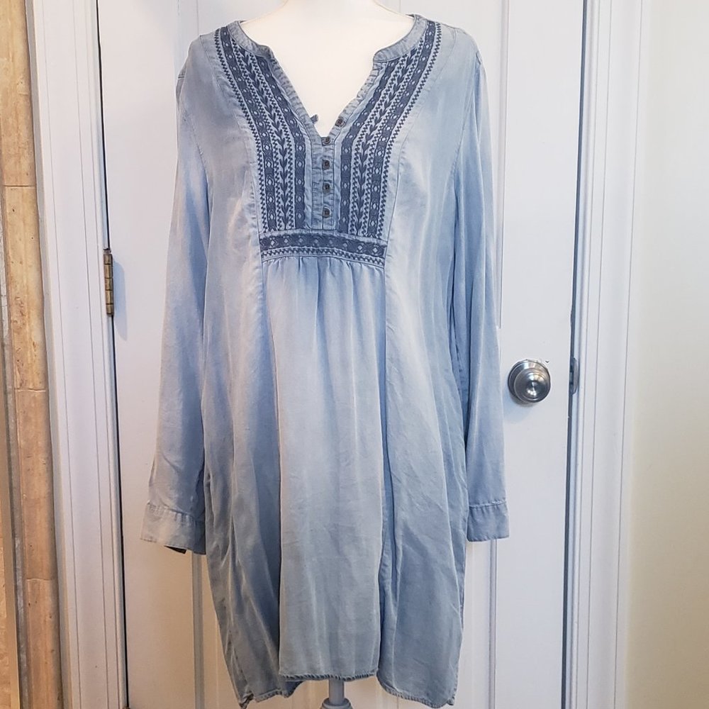 Vintage America Chambray Embroidered Shirt Dress, Size XL